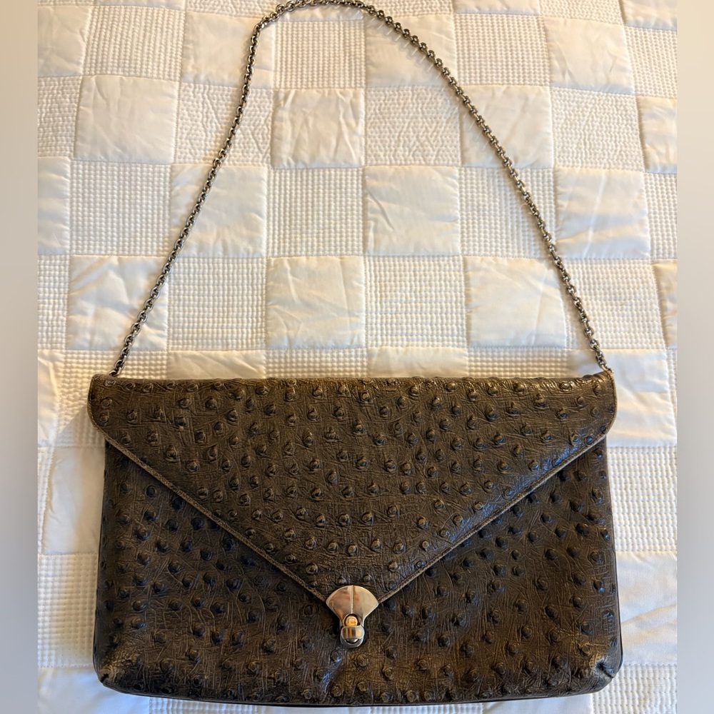Vintage Brown Ostrich Leather Clutch